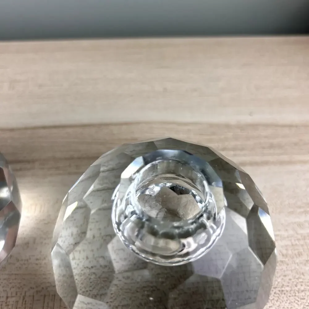 Vintage Faceted Spherical Glass Candlestick Holder Honeycomb Set of 2